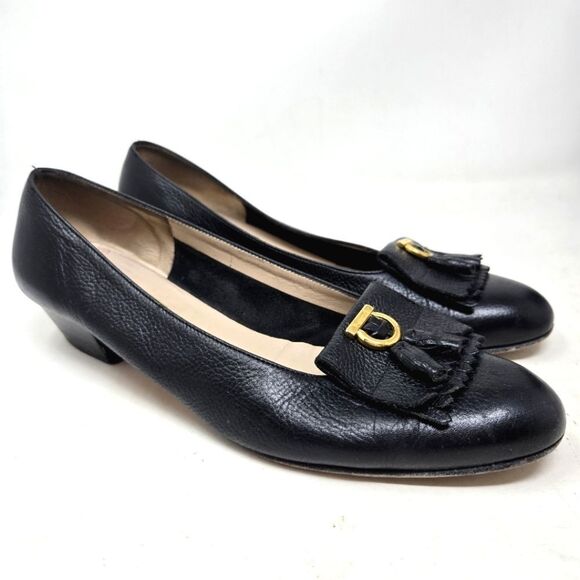 SALVATORE FERRAGAMO Black Leather Women's Kitten Heel Loafers Size 8B - Picture 1 of 11